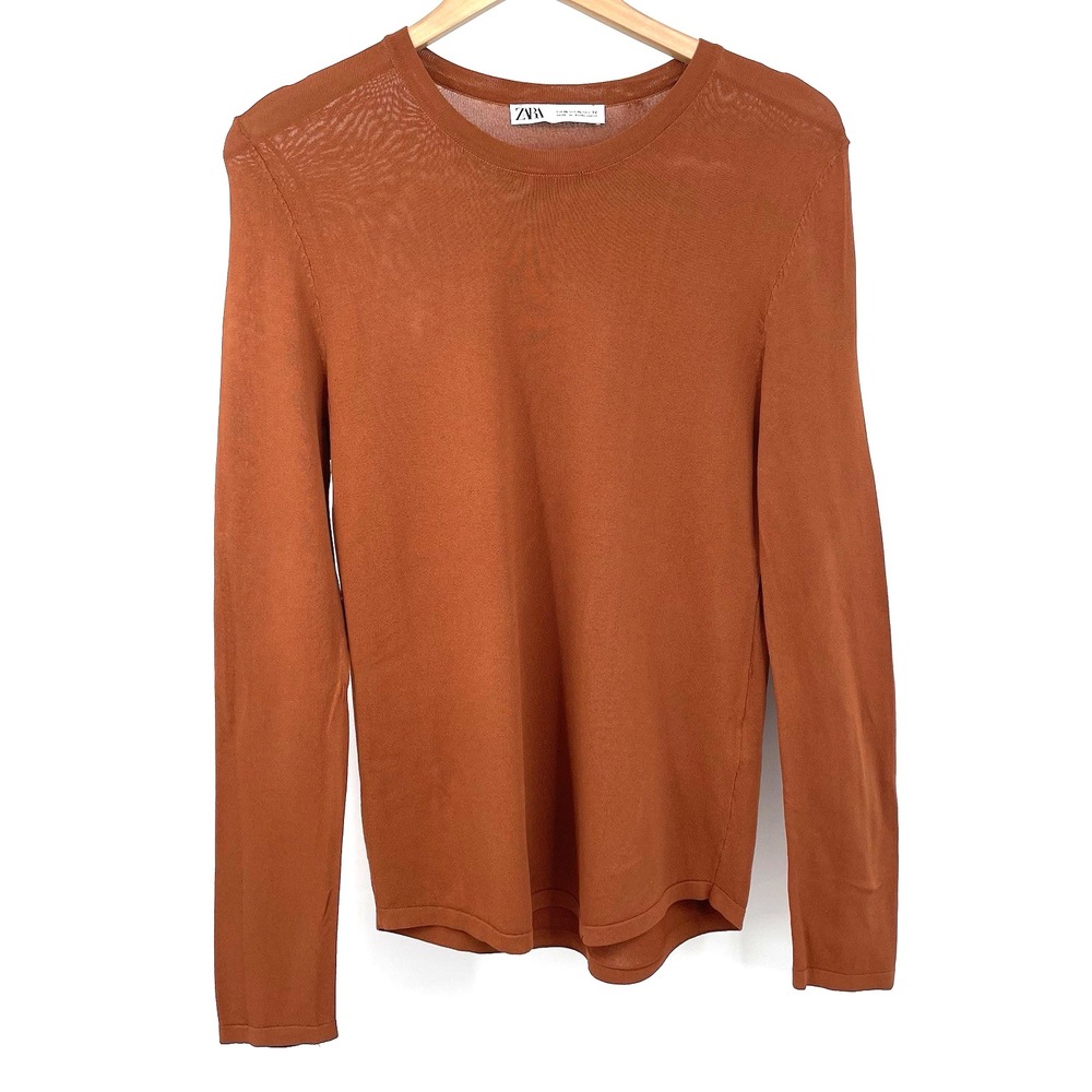 Women's Zara Long Sleeve Basic Top Size XL Stretch Brown Light Weight